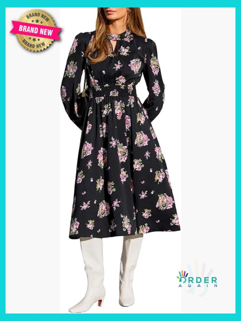 High Neck Long Sleeve Floral Midi Dress Smocked Waist A Line Flowy Casual Party